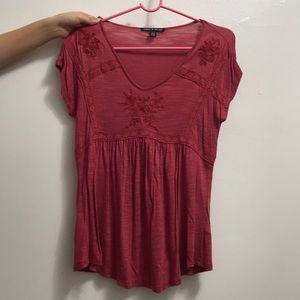 Women’s Cable and Gauge Pink Roses V-Neck Blouse Top Shirt Summer Embroidered